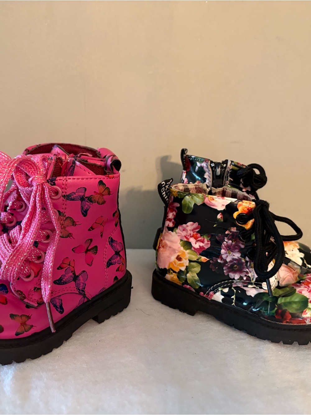Kids Floral Sz 5 & Butterfly Lace-Up Boots - Pink and Black Sz 6